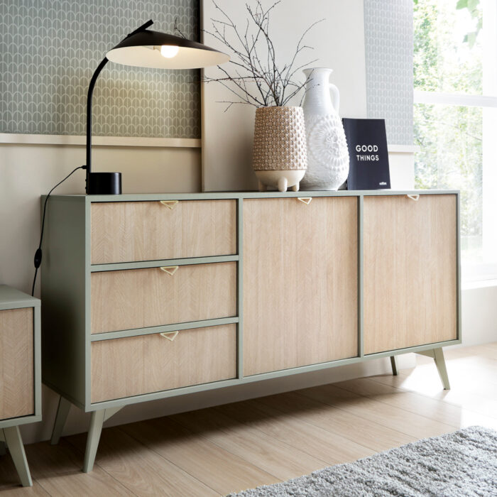 Komoda TOFINO - dąb - zielony - metalowe uchwyty - 3 szuflady - szerokość 158 cm, wysokość 80 cm, głębokość 38 cm - obrazek 2