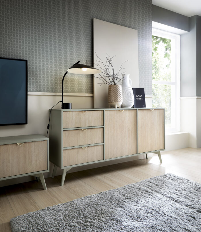 Komoda TOFINO - dąb - zielony - metalowe uchwyty - 3 szuflady - szerokość 158 cm, wysokość 80 cm, głębokość 38 cm - obrazek 7