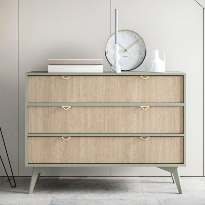 Komoda TOFINO - dąb - zielony - metalowe uchwyty - 3 szuflady - szerokość 106 cm, wysokość 80 cm, głębokość 38 cm - obrazek 2