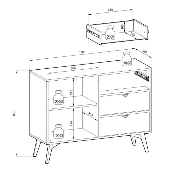 Komoda TOFINO - dąb - zielony - metalowe uchwyty - 3 szuflady - szerokość 106 cm, wysokość 80 cm, głębokość 38 cm - obrazek 3