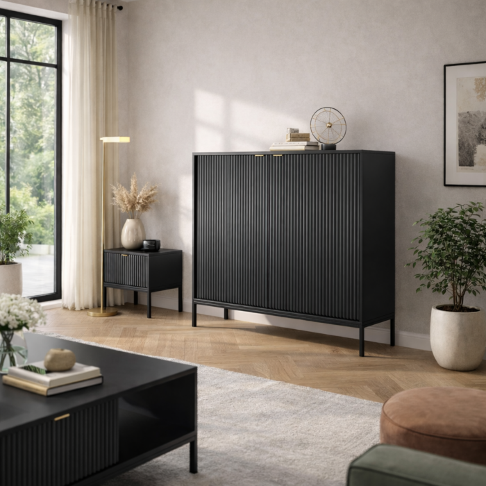 Komoda NANAIMO K104 – czarna – złote uchwyty – szerokość 104 cm, wysokość 125 cm, głębokość 39 cm - obrazek 2