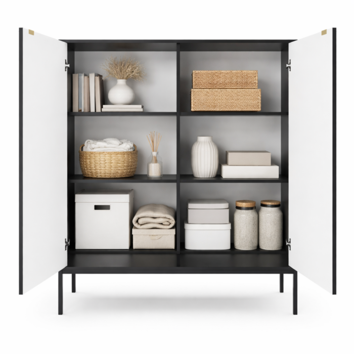 Komoda NANAIMO K104 – czarna – złote uchwyty – szerokość 104 cm, wysokość 125 cm, głębokość 39 cm - obrazek 4