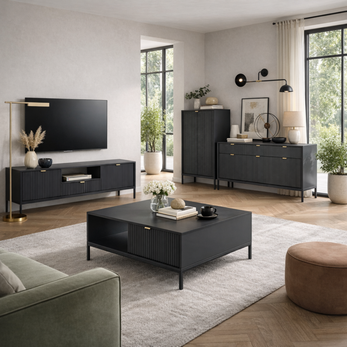 Komoda NANAIMO K104 – czarna – złote uchwyty – szerokość 104 cm, wysokość 125 cm, głębokość 39 cm - obrazek 5