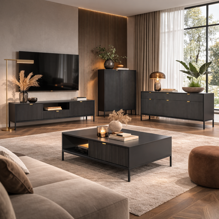 Komoda NANAIMO K104 – czarna – złote uchwyty – szerokość 104 cm, wysokość 125 cm, głębokość 39 cm - obrazek 6