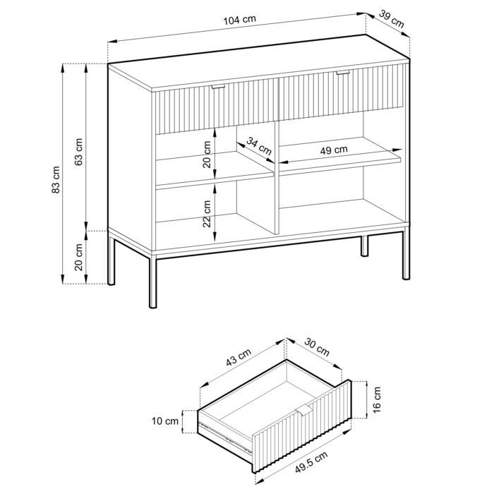 Kommode NANAIMO KSZ104 - Biała - Złote Uchwyty - 2 Szuflady - Szerokość 104 cm, Wysokość 83 cm, Głębokość 39 cm - obrazek 3