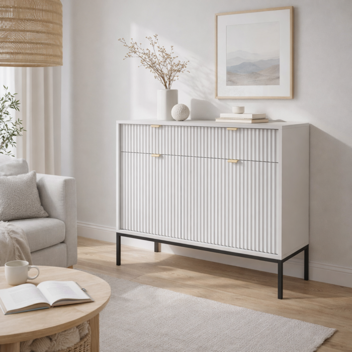 Komoda NANAIMO KSZ104 - Szary - Złote Uchwyty - 2 Szuflady - Szerokość 104 cm, Wysokość 83 cm, Głębokość 39 cm - obrazek 6