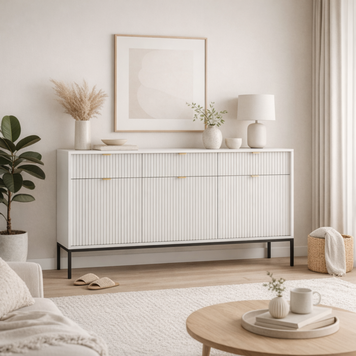 Komoda NANAIMO KSZ154 – biała – złote uchwyty – 3 szuflady – szerokość 154 cm, wysokość 83 cm, głębokość 39 cm - obrazek 2