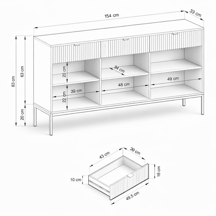 Komoda NANAIMO KSZ154 – biała – złote uchwyty – 3 szuflady – szerokość 154 cm, wysokość 83 cm, głębokość 39 cm - obrazek 3