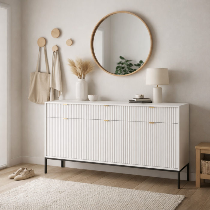 Komoda NANAIMO KSZ154 – biała – złote uchwyty – 3 szuflady – szerokość 154 cm, wysokość 83 cm, głębokość 39 cm - obrazek 5