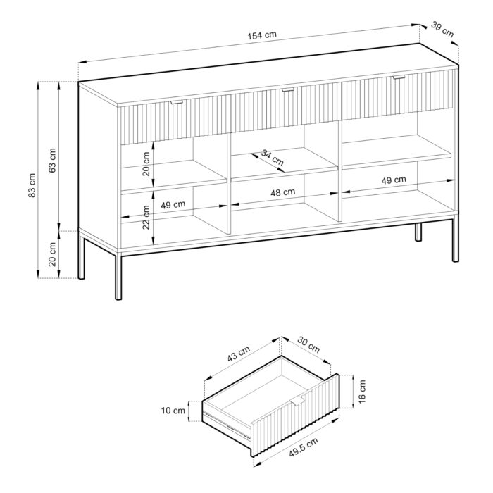 Komoda NANAIMO KSZ154 – kaszmir – złote uchwyty – 3 szuflady – szerokość 154 cm, wysokość 83 cm, głębokość 39 cm - obrazek 3