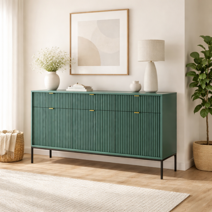 Kommode NANAIMO KSZ154 - Zielony - Złote Uchwyty - 3 Szuflady - Szerokość 154 cm, Wysokość 83 cm, Głębokość 39 cm - obrazek 2