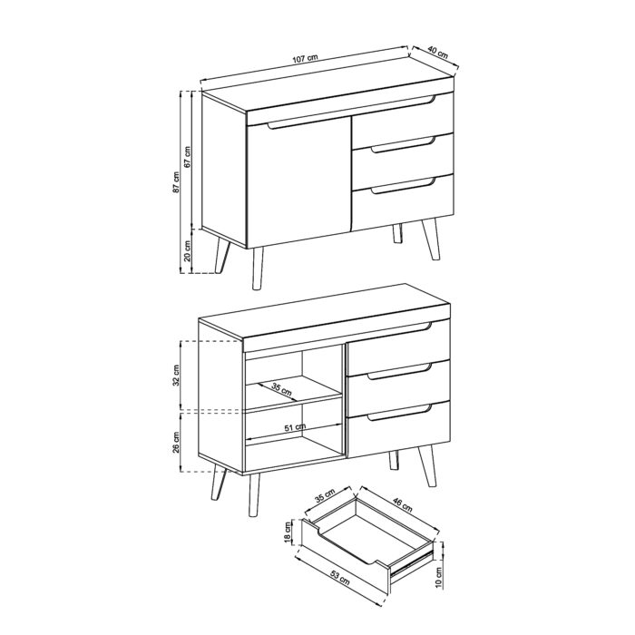 Komoda SUDBURRY NKSZ107 - Dąb - Czarne Dodatki - 3 Szuflady - Szerokość 107 cm, Wysokość 83 cm, Głębokość 40 cm - obrazek 3