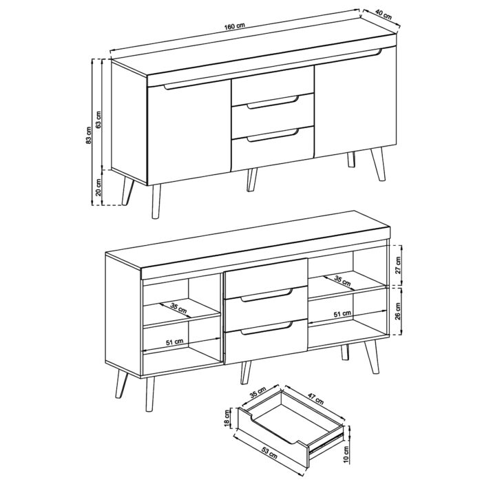 Kommode SUDBURRY NKSZ160 - Dąb - Czarny Dodatki - 3 Szuflady - Szerokość 160 cm, Wysokość 83 cm, Głębokość 40 cm - obrazek 3
