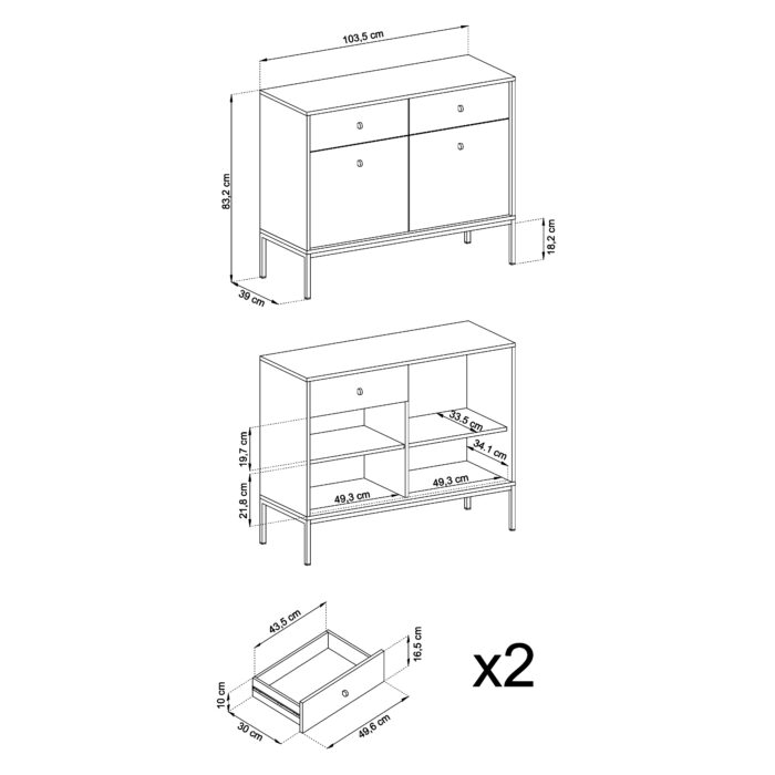 Komoda MONCTON MKSZ104 – ciemnoniebieska – metalowe uchwyty – 2 szuflady – szerokość 104 cm, wysokość 83 cm, głębokość 39 cm - obrazek 3