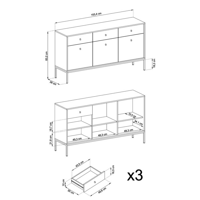 Komoda MONCTON MKSZ154 - granatowy - Uchwyty metalowe - 3 Szuflady - Szerokość 154 cm, Wysokość 83 cm, Głębokość 39 cm - obrazek 3