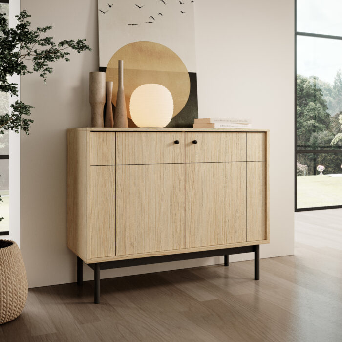Kommode DIEPPE - Dąb - Metalowe Uchwyty - Drewniane Nogi - Szerokość 104 cm, Wysokość 83 cm, Głębokość 39 cm - obrazek 2