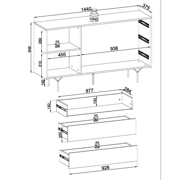 Kommode ORILLIA KSZ144 - Czarny - Frezowany Front - 3 Szuflady - Szerokość 144 cm, Wysokość 83 cm, Głębokość 38 cm - obrazek 3