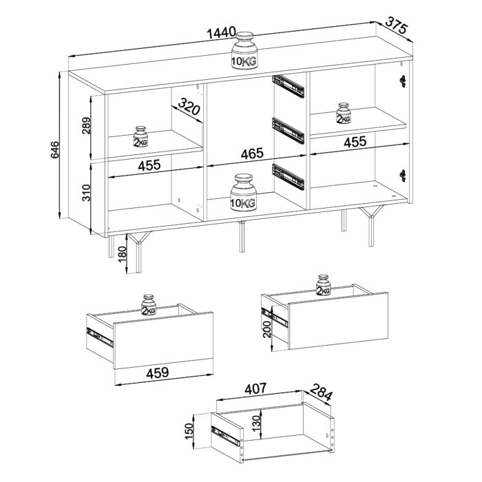 Kommode ORILLIA KSZ144 - Czarna - 2 Frezowane Fronty - 3 Szuflady - Szerokość 144 cm, Wysokość 83 cm, Głębokość 38 cm - obrazek 3