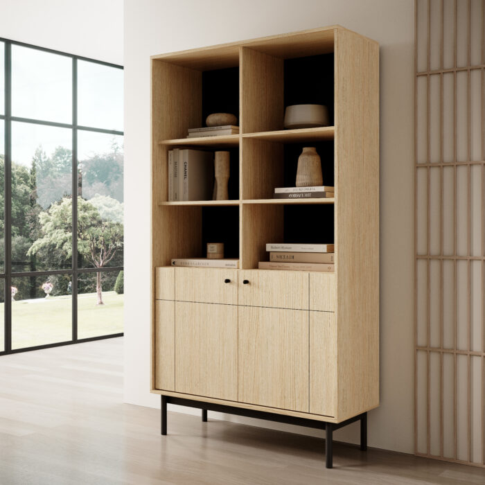 Wysoki Regał Stojący DIEPPE - Dąb - Metalowe Uchwyty - Drewniane Nogi - Szerokość 104 cm, Wysokość 184 cm, Głębokość 39 cm - obrazek 2