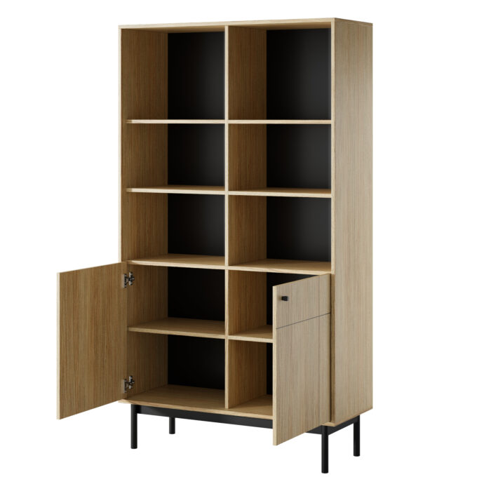 Wysoki Regał Stojący DIEPPE - Dąb - Metalowe Uchwyty - Drewniane Nogi - Szerokość 104 cm, Wysokość 184 cm, Głębokość 39 cm - obrazek 4