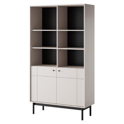 Wysoki Regał Stojący DIEPPE - Kaszmir - Metalowe Uchwyty - Drewniane Nogi - Szerokość 104 cm, Wysokość 184 cm, Głębokość 39 cm