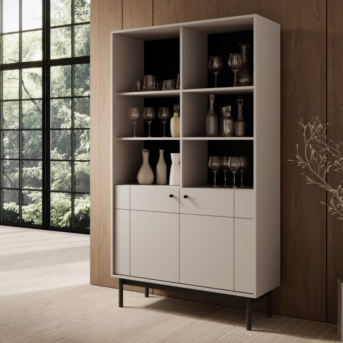 Wysoki Regał Stojący DIEPPE - Kaszmir - Metalowe Uchwyty - Drewniane Nogi - Szerokość 104 cm, Wysokość 184 cm, Głębokość 39 cm - obrazek 2