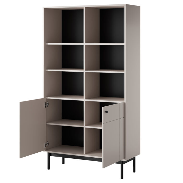 Wysoki Regał Stojący DIEPPE - Kaszmir - Metalowe Uchwyty - Drewniane Nogi - Szerokość 104 cm, Wysokość 184 cm, Głębokość 39 cm - obrazek 4