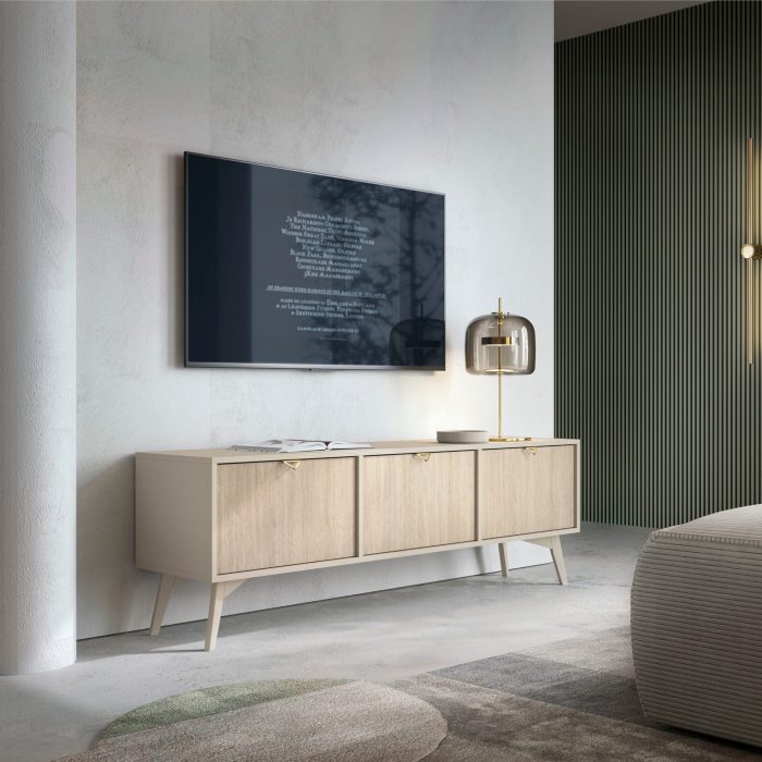 Tofino RTV158 – szafka RTV, beż piaskowy, jodełka skandi, szerokość 158 cm, wysokość 52 cm, głębokość 38 cm - obrazek 3