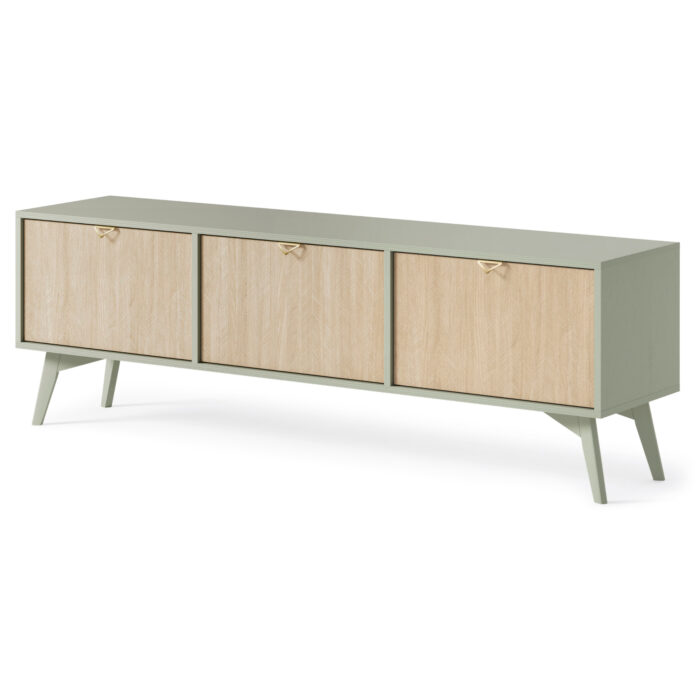 XMEBSKRRTVPI00501201_00.jpg Szafka pod telewizor Tofino - Dąb - Zielony - Metalowe Uchwyty - Drewniane Nogi - Szerokość 158 cm, Wysokość 52 cm, Głębokość 38 cm - obrazek 1