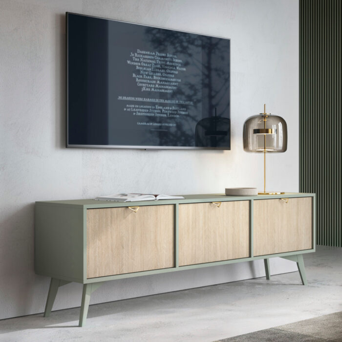 Szafka pod telewizor Tofino - Dąb - Zielony - Metalowe Uchwyty - Drewniane Nogi - Szerokość 158 cm, Wysokość 52 cm, Głębokość 38 cm - obrazek 2