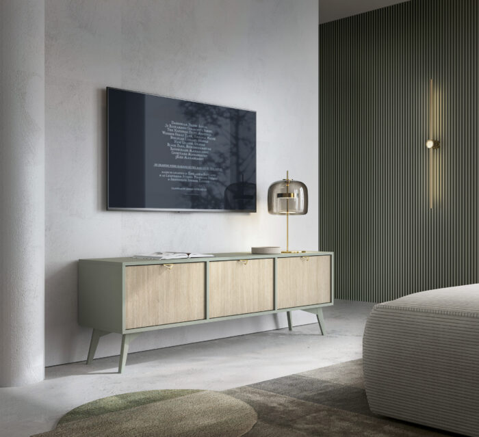 Szafka pod telewizor Tofino - Dąb - Zielony - Metalowe Uchwyty - Drewniane Nogi - Szerokość 158 cm, Wysokość 52 cm, Głębokość 38 cm - obrazek 7