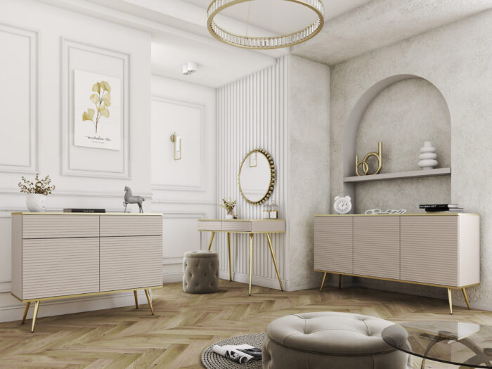 Szafka Pod Telewizor Banff RTV135 MDF - Beżowa - Złote Nogi - Ryflowane Fronty - Szerokość 135 cm, Wysokość 53 cm, głębokość 32 cm - obrazek 4