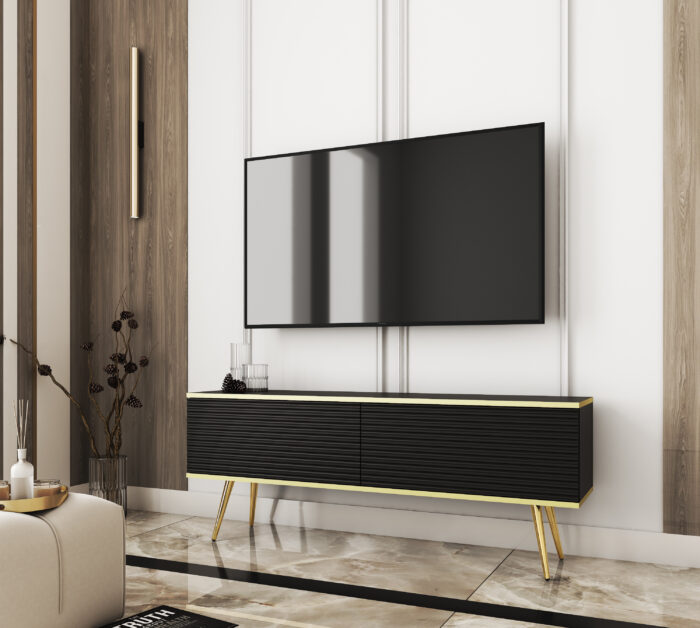 TV Cabinet Banff RTV135 MDF - Czarny - Złote Nogi - Ryflowane Fronty - Szerokość 135 cm, Wysokość 53 cm, głębokość 32 cm - obrazek 2
