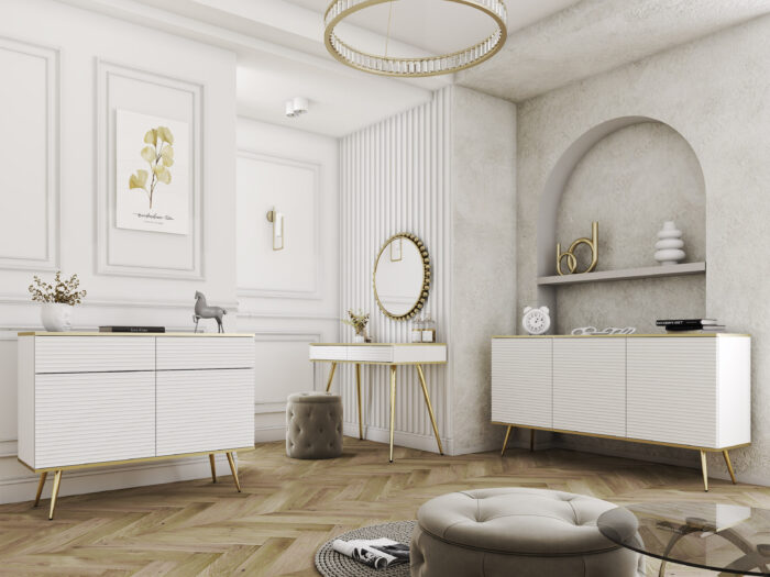 Szafka Pod Telewizor Banff RTV175 MDF - Biała - Złote Nogi - Ryflowane Fronty - Szerokość 175 cm, Wysokość 53 cm, głębokość 32 cm - obrazek 4