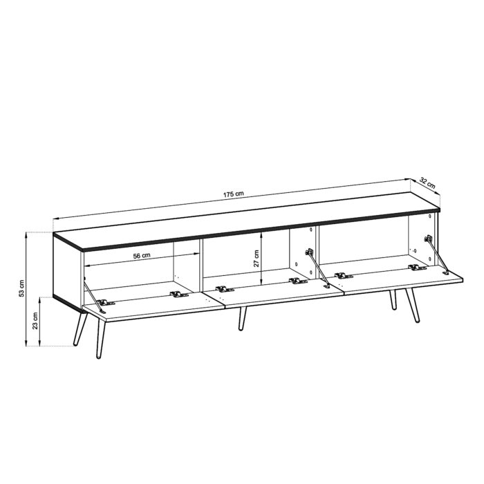 Szafka Pod Telewizor Banff RTV175 MDF - Czarne - Złote Nogi - Ryflowane Fronty - Szerokość 175 cm, Wysokość 53 cm, Głębokość 32 cm - obrazek 3