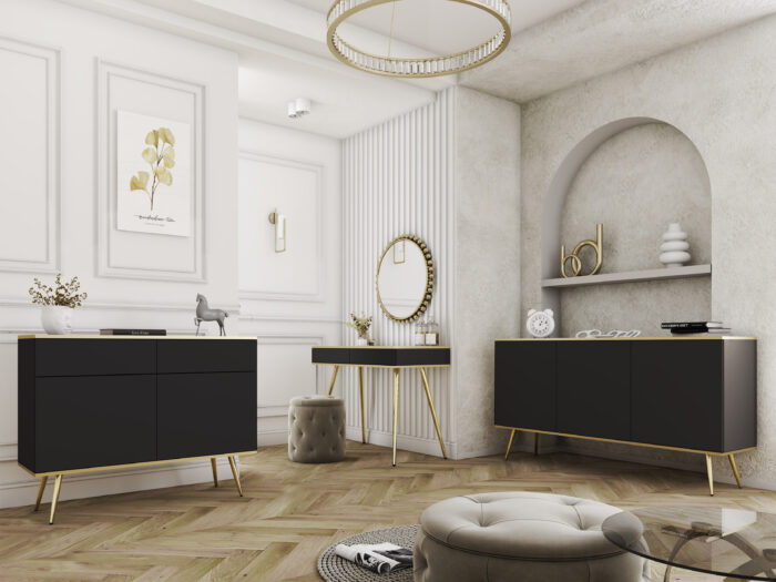 Szafka RTV Banff RTV175 – czarna – złote nogi – szerokość 175 cm, wysokość 53 cm, głębokość 32 cm - obrazek 4