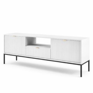 Television cabinet NANAIMO - Biała - Złote Uchwyty - Width 154 cm, Height 56 cm, Depth 39 cm