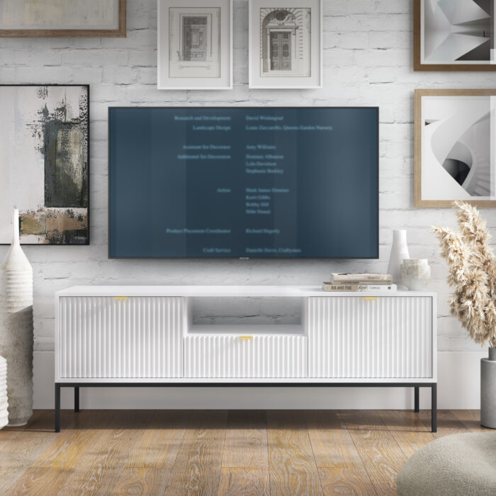 Television cabinet NANAIMO - Biała - Złote Uchwyty - Width 154 cm, Height 56 cm, Depth 39 cm - obrazek 2