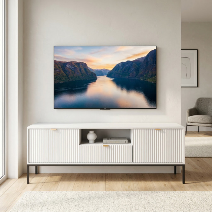 Television cabinet NANAIMO - Biała - Złote Uchwyty - Width 154 cm, Height 56 cm, Depth 39 cm - obrazek 2