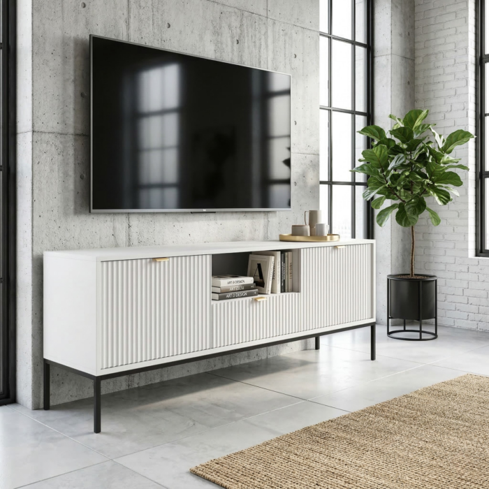 Television cabinet NANAIMO - Biała - Złote Uchwyty - Width 154 cm, Height 56 cm, Depth 39 cm - obrazek 5