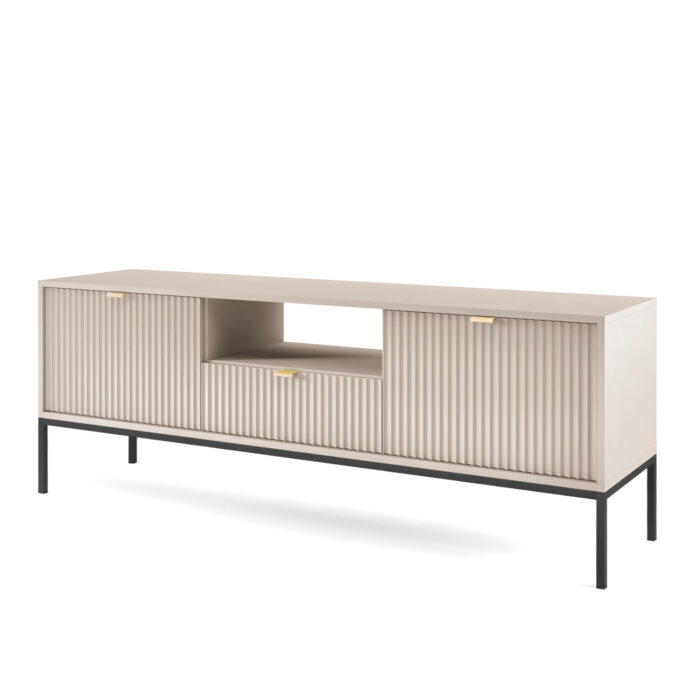 Szafka RTV NANAIMO – kaszmirowa – złote uchwyty – szerokość 154 cm, wysokość 56 cm, głębokość 39 cm - obrazek 1