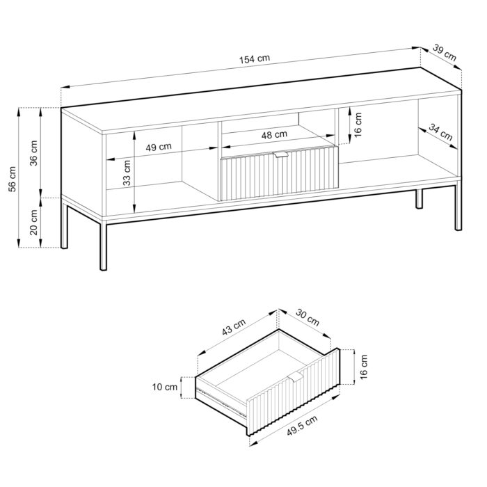 Szafka RTV NANAIMO – kaszmirowa – złote uchwyty – szerokość 154 cm, wysokość 56 cm, głębokość 39 cm - obrazek 3