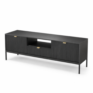 Szafka RTV NANAIMO – czarna – złote uchwyty – szerokość 154 cm, wysokość 56 cm, głębokość 39 cm