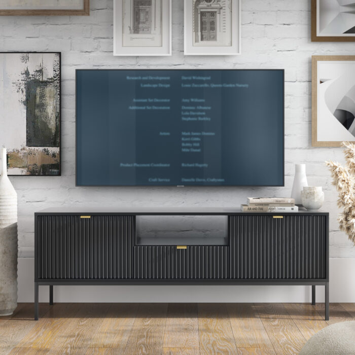 Szafka RTV NANAIMO – czarna – złote uchwyty – szerokość 154 cm, wysokość 56 cm, głębokość 39 cm - obrazek 2