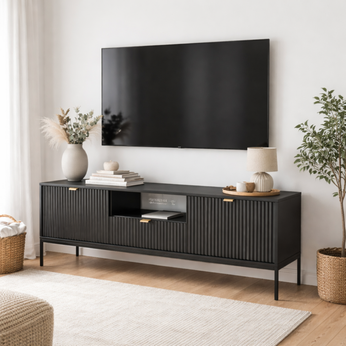 Szafka RTV NANAIMO – czarna – złote uchwyty – szerokość 154 cm, wysokość 56 cm, głębokość 39 cm - obrazek 2