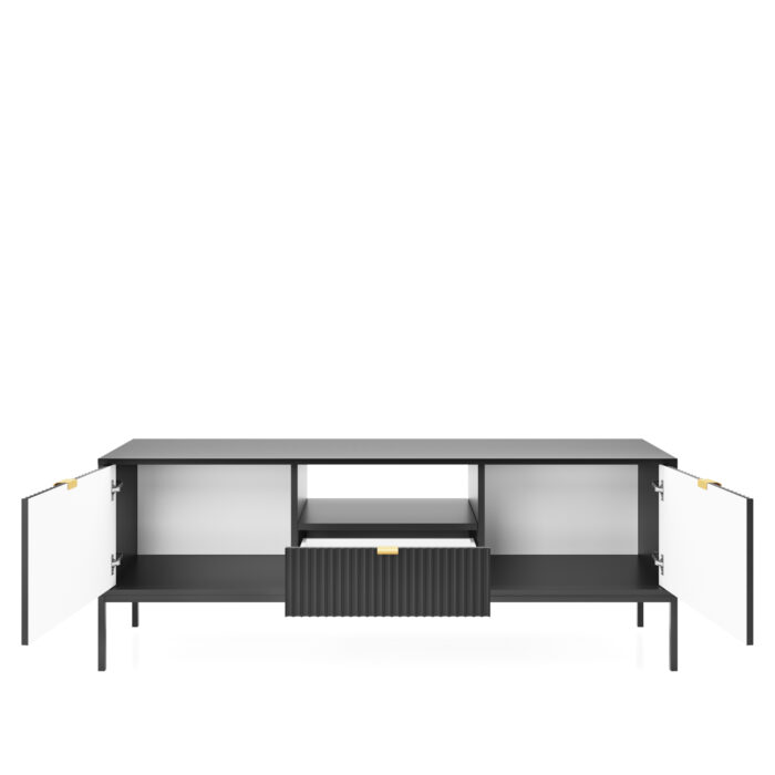 Szafka RTV NANAIMO – czarna – złote uchwyty – szerokość 154 cm, wysokość 56 cm, głębokość 39 cm - obrazek 4
