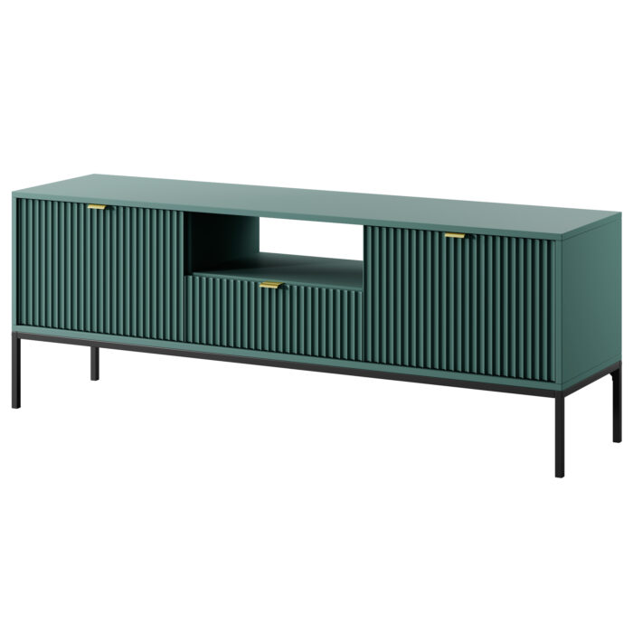 XMEBSKRRTVPI01301402_00.jpg Szafka pod telewizor NANAIMO - Zielona - Złote Uchwyty - Szerokość 154 cm, Wysokość 56 cm, Głębokość 39 cm - obrazek 1