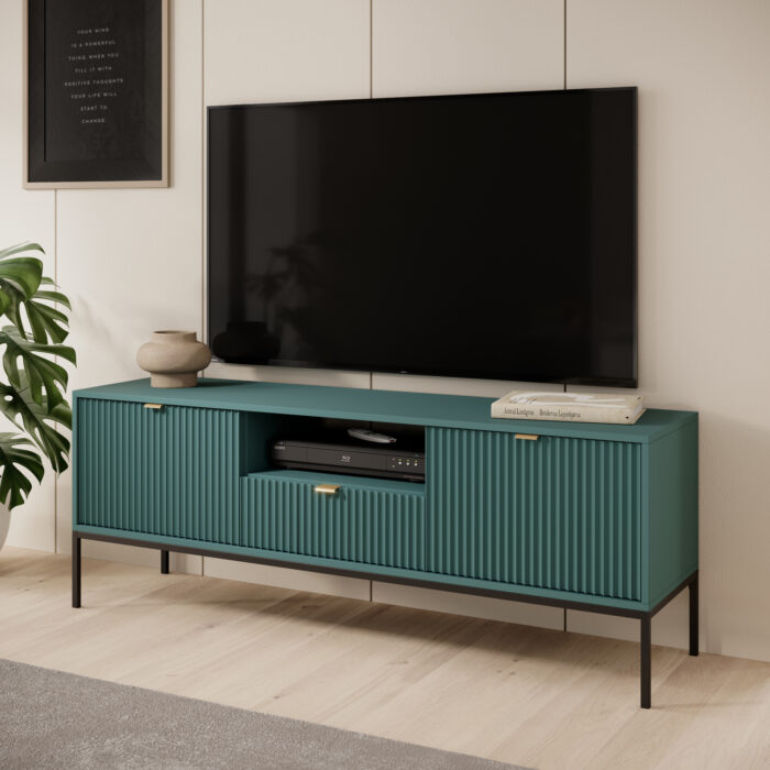 Szafka pod telewizor NANAIMO - Zielona - Złote Uchwyty - Szerokość 154 cm, Wysokość 56 cm, Głębokość 39 cm - obrazek 2