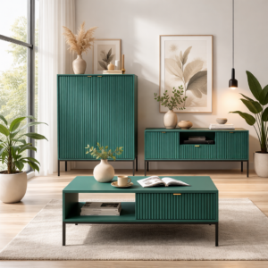 Szafka pod telewizor NANAIMO - Zielona - Złote Uchwyty - Szerokość 154 cm, Wysokość 56 cm, Głębokość 39 cm