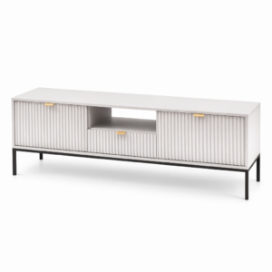 Szafka pod telewizor NANAIMO - Szary - Złote Uchwyt - Szerokość 154 cm, Wysokość 56 cm, Głębokość 39 cm